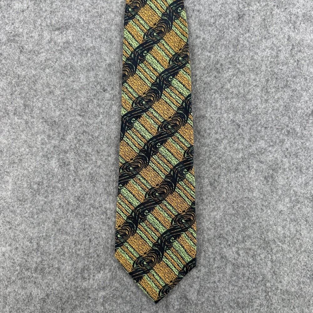 Armando Collection Vintage Mens Tie Gold Green Psychedelic Swirl Stripe 4 Inch